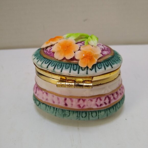 Ceramic Porcelain Trinket Jewelry Box Flower Egg shape Dome Lidded - Picture 2 of 5